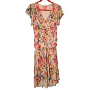 Isaac Mizrahi Garden Fairy Pink‎ Floral Twist Dress Front Tiered High Low MP